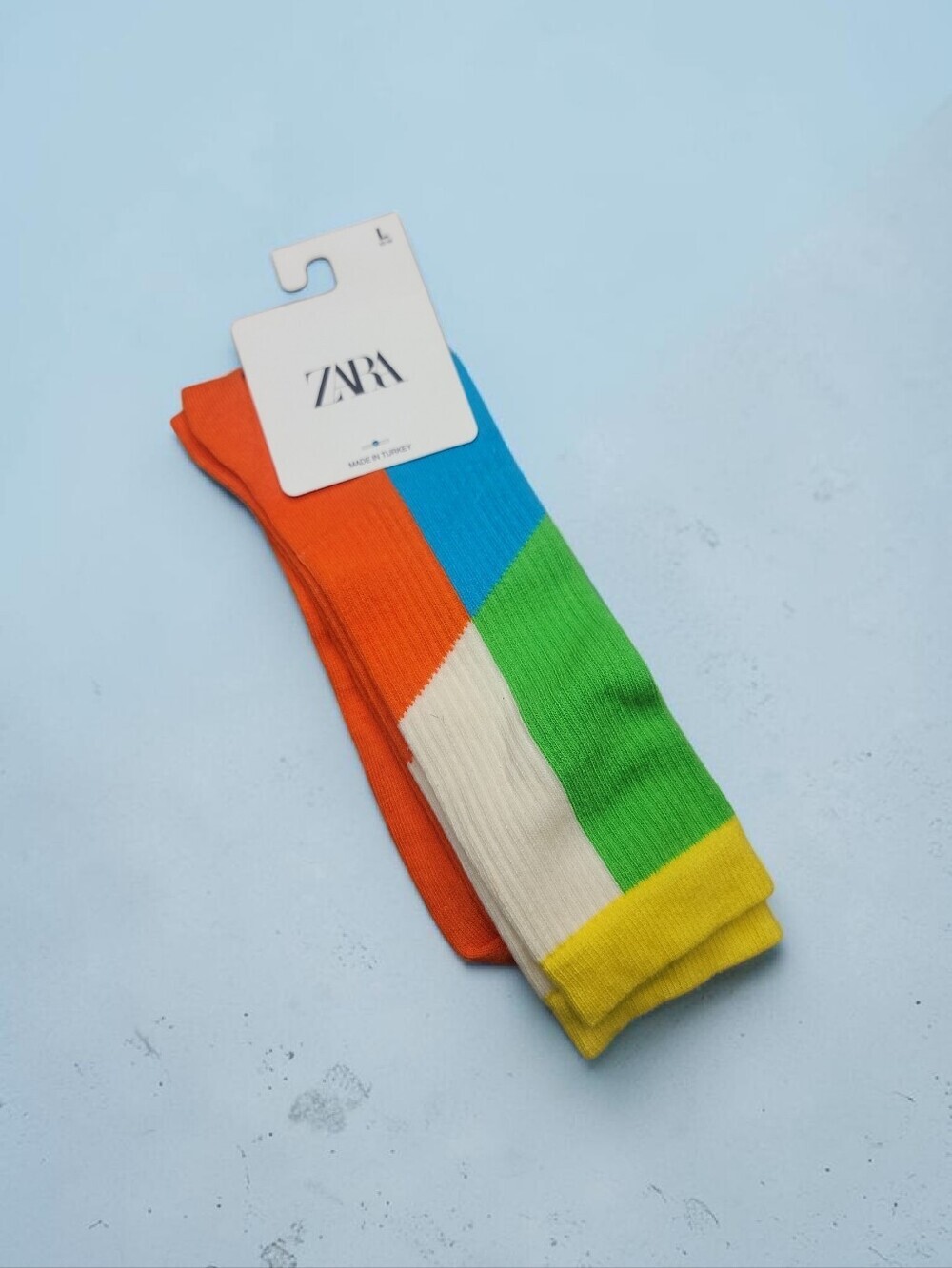 ZARA Multicolor Colorblock Crew Socks - Orange, Blue, Green, Yellow, Cream